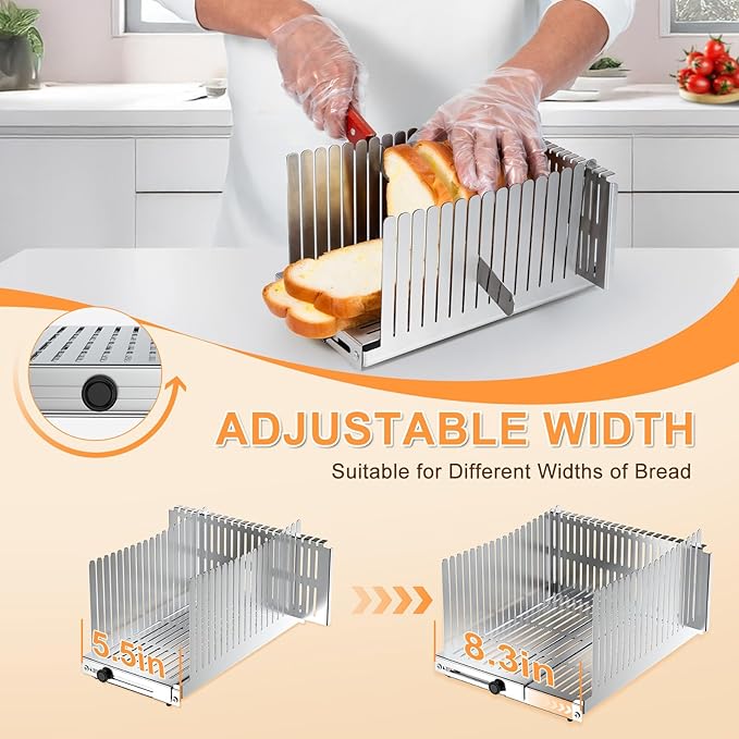 Stainless steel Bread Slicer for Homemade Bread,Adjustable Width,Foldable Compact,Bread Slicing Guide,Bread Loaf Slicer,for Cakes,Bagels,slice is 0.5",Bread width: 5.5"-8.3" (Satin Silver)