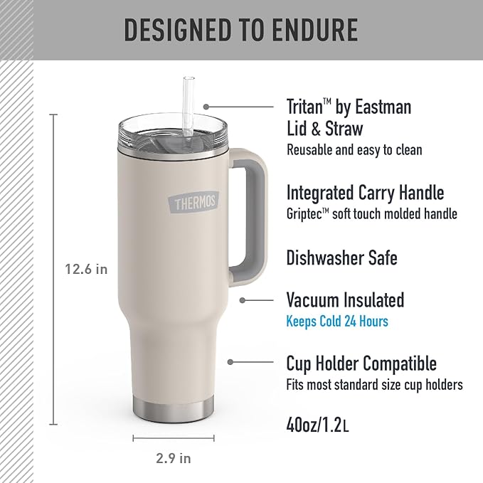 THERMOS Stainless Steel Cup Holder Mug - 40 Ounce, Sandstone - Insulated Tumbler with Lid and Straw, Plus Leak-Resistant Slide Lock