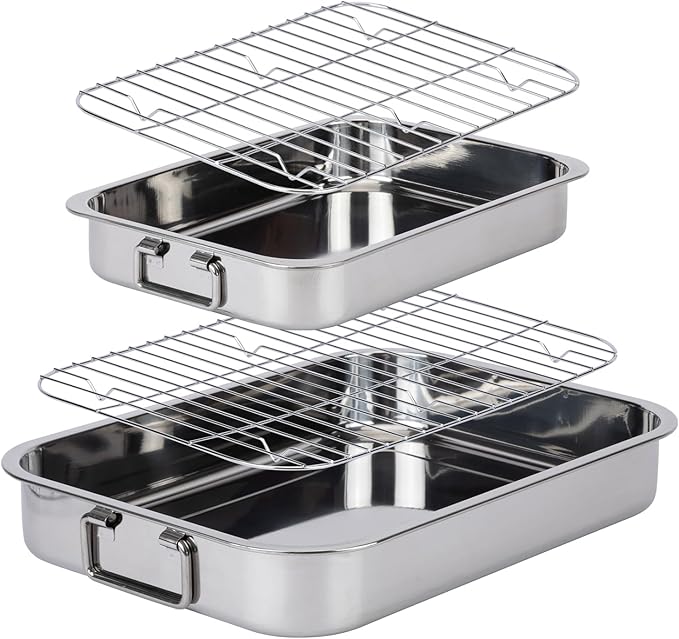 2 Pcs 13"15.4" Stainless Steel Roasting Pans with Handles, Baking Pan for Oven Includes 2 Flat Racks, Dishwasher Safe Rectangular Lasagna Pan for Turkey, Chicken and Roasting, Silver
