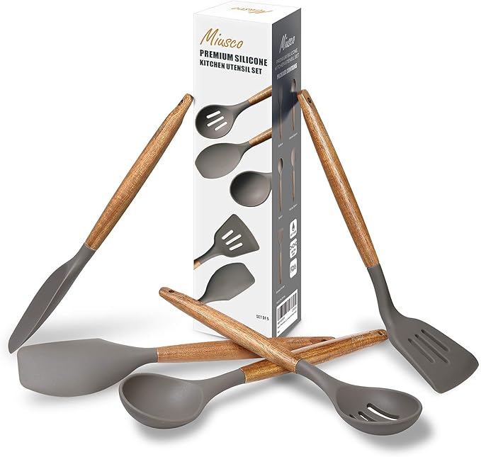 Kitchen Utensils Set, Silicone Cooking Utensils Set,Non-Stick Silicone Spatula Set with Natural Acacia Hard Wood Handle, 5 Piece, Upgraded Thickened Cookware