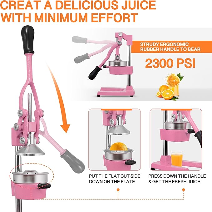 Commercial Heavy Duty Cast Iron Hand Press Manual Orange Citrus Lemon Lime Grapefruit Pomegranate Fruit Juice Squeezer Machine with Stainless Steel Cup Pink