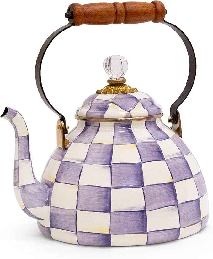 MACKENZIE-CHILDS Enamel Tea Kettle, Decorative Tea Kettle for Stovetop, 3 Quarts, Purple-and-White Violet Check