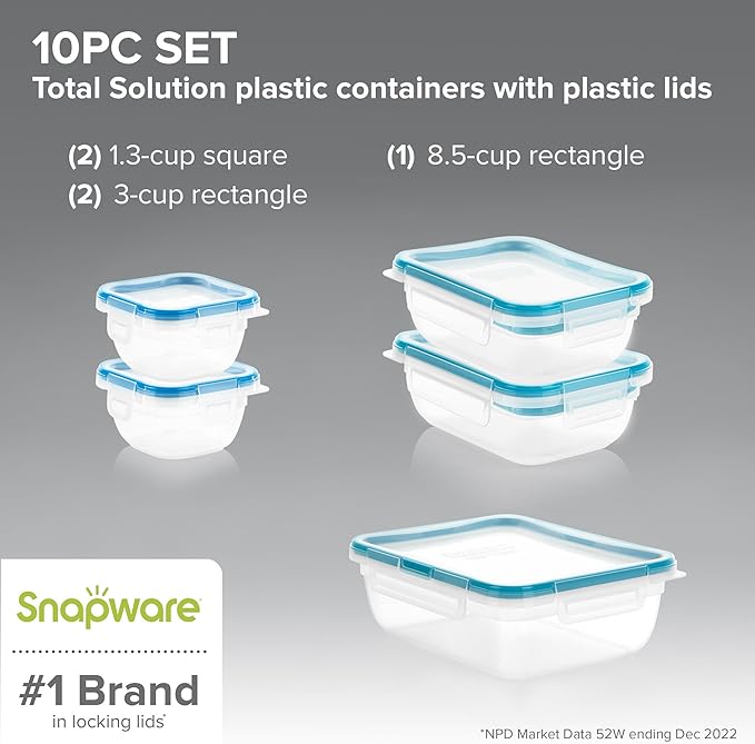 Snapware Plastic Total Solution 5-Pack (Mixed Sizes) Food Storage Containers Set, Leakproof & Airtight Plastic Locking Lids Rectangular Tupperware, BPA-Free Lids, Microwave Dishwasher Freezer Safe