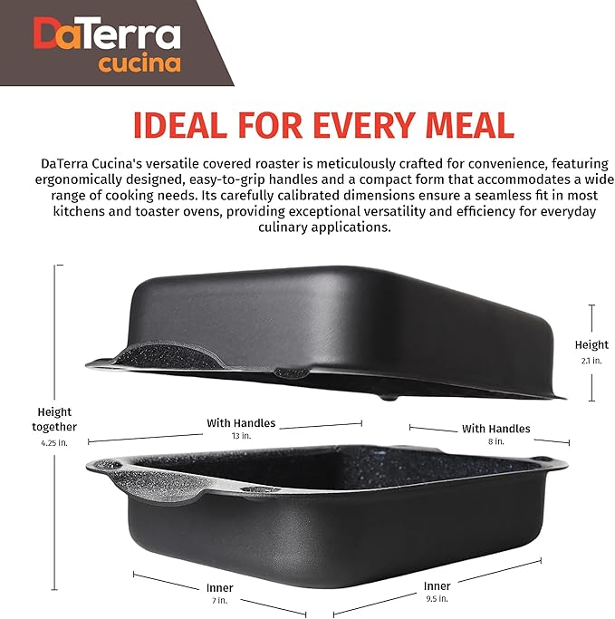 DaTerra Cucina - Nonstick Ceramic Coated Dual Roasting Pan Set – 2 Identical Pans, Oven Safe, Ideal for Roasting, Baking, Searing, Braising, Casseroles, Fits Most Toaster Ovens - 13 x 8 x 4.25