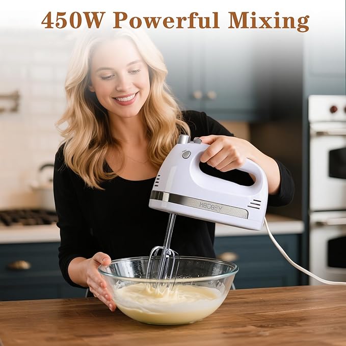 450W Electric Hand Mixer, 5-Speed Handheld Mixer with Storage Case, Turbo & Eject Button, Includes 2 Beaters & 2 Dough Hooks for Baking, Cake, Egg, Cream (White)
