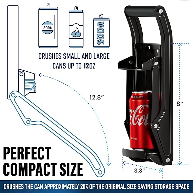 Can Crushers for Recycling - 16 oz Heavy Duty Aluminum Can Crusher Wall Mounted - Soda and Beer Can Smasher for Recycling with Bottle Opener - For 12 and 16 oz Cans - Easy to Install - RamPro