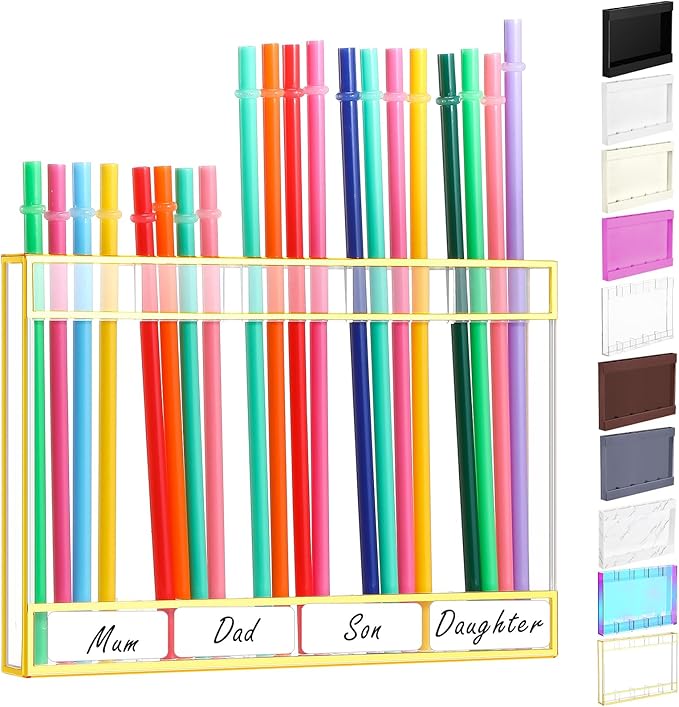 Qinyoung Acrylic Straw Holder for Cabinet Door with Double Sided Adhesive Tape Reusable Straw Organizer Tumbler Storage Kitchen Accessories Container for Counter Cupboard(Gold Trim,Large,Clear)
