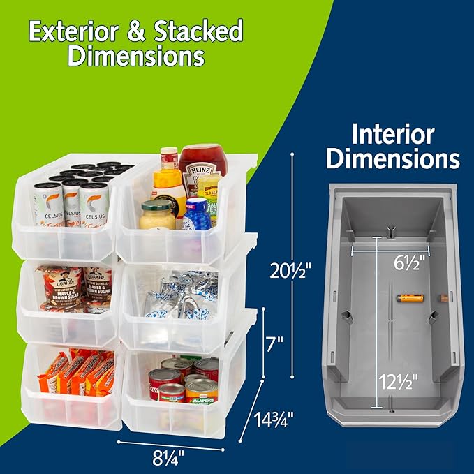 Plastic Containers for Organizing and Storage Bins for Closet, Kitchen, Office, Garage or Pantry Organization, Stackable Bins, Large (14.8" x 8" x 7"), 6-Pack, Clear