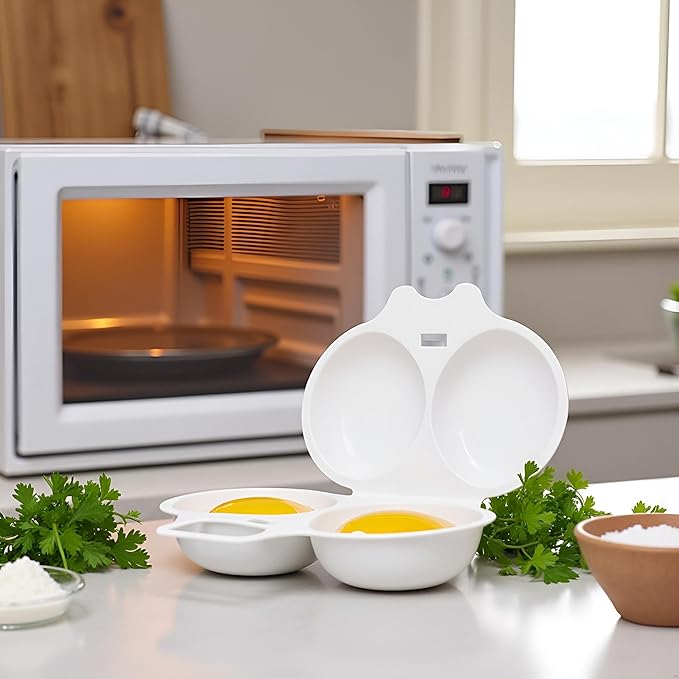 1Pc White Egg Poacher, Microwave Egg Boiler Poacher, 2 Cavity Nonstick Poached Egg Maker With Lid, Egg Poacher Microwave Egg Cooker, Double Drain Poached Egg Cups Cookware（13 * 5cm）