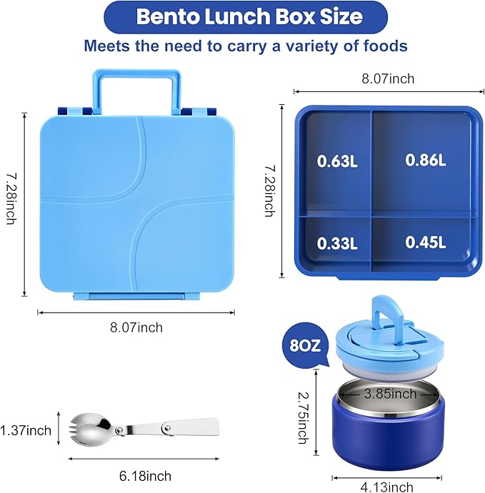 Bento Lunch Box for Kids with 8oz Soup Thermo,Kids Leakproof Lunch Food Containers with 4 Compartment,Kid Insulated Thermo Hot Food Jar for School,Trvael-Blue