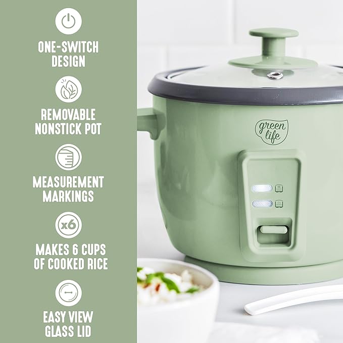 GreenLife Rice Cooker with Removable PFAS-Free Ceramic Nonstick Pot, 3-Cups Uncooked/6-Cups Cooked, Grains & Oatmeal Multicooker, Compact One-Switch Design, Auto Keep Warm, Easy Clean, Sage Green