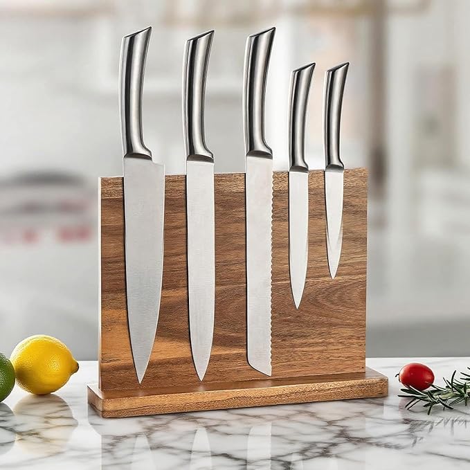 Magnetic Knife Block Stand, Kitchen Counter Organizer, Double-Sided Kitchen Knife Holder, Acacia Wood, Universal Storage Organizer, 11.7 x 8.6 x 4 inches