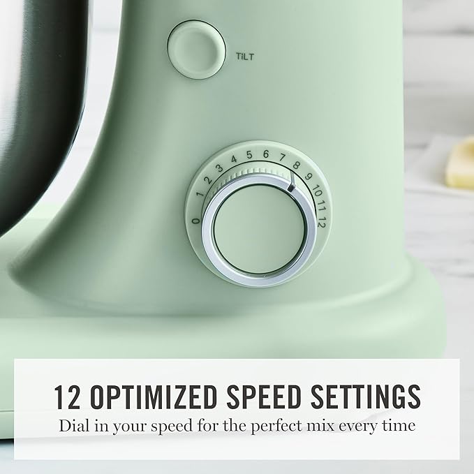 Martha Stewart  Tilt-Head Stand Mixer, 12 Speed, 5.3QT Stainless Steel Bowl, Splash Guard with Pour Chute, Whisk, Dough Hook, Flat Beater, Electric Kitchen Baking Mixer, Bread, Cake, Whip, Honeydew