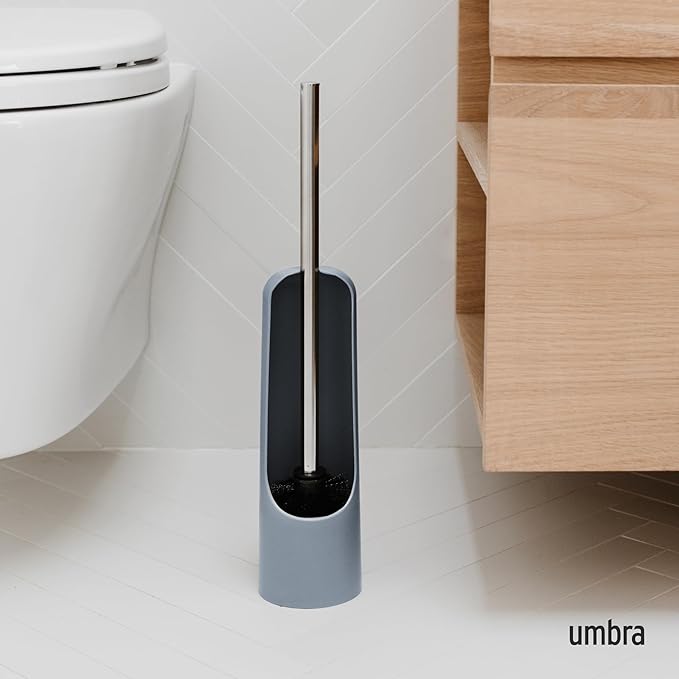 Umbra Touch Toilet Brush with Hideaway Holder – Durable, Slim, Plastic and Metal Bowl Cleaner with Bristles, Slate Blue