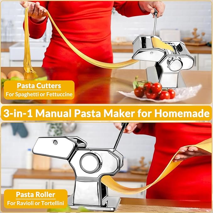 Pasta Maker with 7 Thickness Settings Roller, 2-in-1 Cutter, Hand Crank and Table Clamp, Stainless Steel Manual Pasta Machine for Spaghetti, Fettuccine, Lasagna, Ravioli