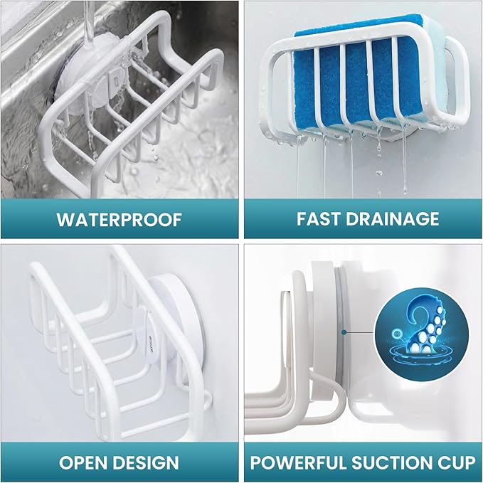 TAILI Sponge Holder for Kitchen Sink with Strong Suction Cup, Rustproof Aluminum Sink Caddy for Sponges, Removable Sponge Holder, Dish Brush for Scraper - White