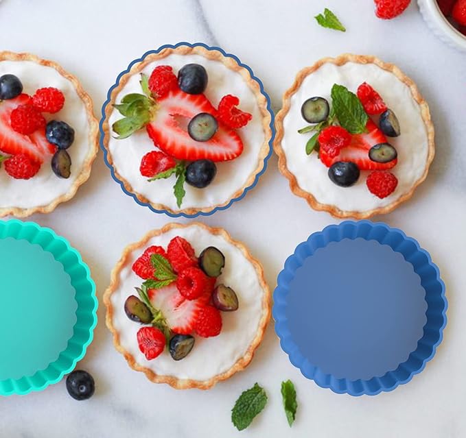 Webake 8 Pack Silicone Tart and Pie Molds, 5 Inches Silicone Round Mold Individual Small Fluted Cake Pans Mini Quiche Tart Pans for Baking