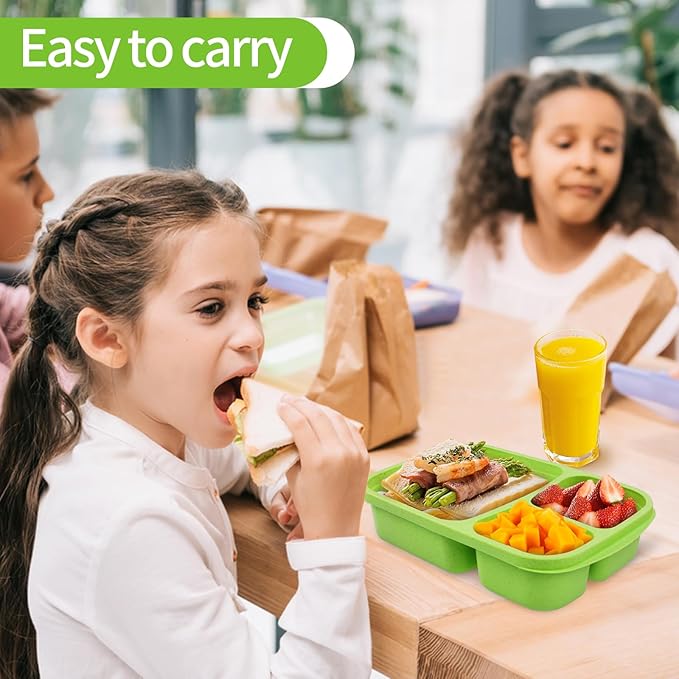 buluker 8 Pack Bento Lunch Box Set 3 Compartment Wheat Straw Meal Prep Food Storage Containers Plastic, Microwave and Dishwasher Safe （Jewel Brights）
