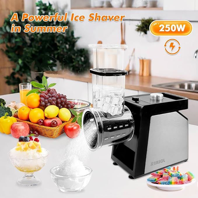 7 in 1 Electric Cheese Grater Ice Shaver with 7 Blades Stainless Steel Multifunctional Vegetable Shredder 250W BPA-Free 110V