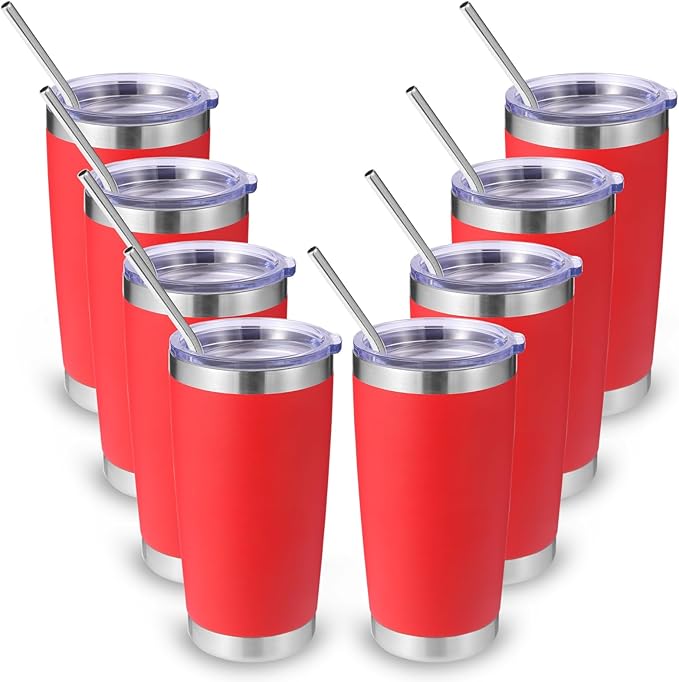 Volhoply 20oz Stainless Steel Tumbler with Lid and Straw Bulk 8 Pack,Double Wall Insulated Travel Iced Coffee Mug Fits Cup Holder,Powder Coated Cups for Hot/Cold Drinks,Christmas Gifts（Red,8 Set）