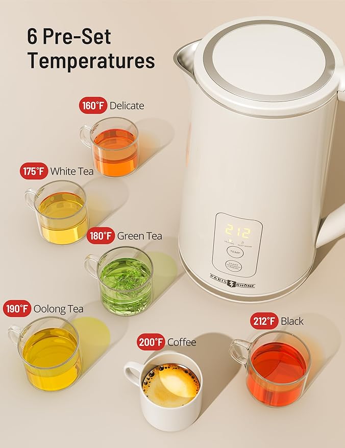 Electric Tea Kettle, 1.7L Larger Design Temperature Control Electric Kettle, 4H Keep Warm Water Boiler with 6 Presets, LED Screen Electric Kettles for Boiling Water, Boil-Dry Protection, BPA Free
