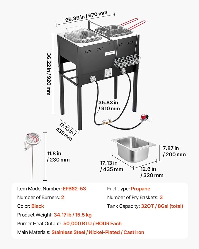 VEVOR Outdoor Propane Deep Fryer, Dual-Tank 16QTx2 Large Capacity Commercial Fryer, Stainless Steel Fish Cooker with 3 Basket, Thermometer, Floor Standing Fryers for Catering Event Camping, 50,000 BTU