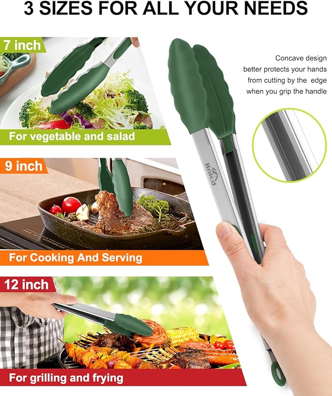 600ºF Heat Resistant Kitchen Tongs, Premium Locking Cooking Tongs with Silicone Tips, Non-Slip Food Tongs for Cooking, Non-Stick, Heavy Duty Stainless Steel Handle, Set of 3-7" 9" and 12" Turquoise