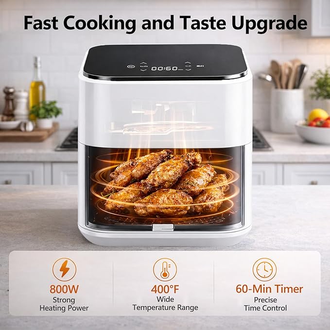 Simple Deluxe 8-in-1 Air Fryer 3 Qt, Digital Preset Airfryer with Overheat Protection and Auto Shut-Off, Nonstick and Dishwasher-Safe Basket for Fries, Bake, 60-Min Timer, Max 400°F, 800W, White