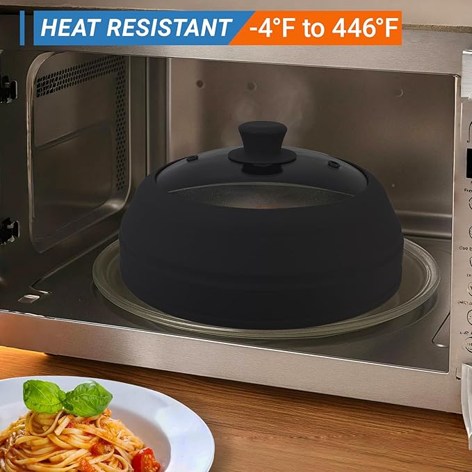 Microwave Splatter Cover Glass,10.5 Inch Collapsible Microwave Cover for Food Glass, Silicone Vented Splatter Guard Lid, Silicone Dish Plate Cover, Dishwasher Safe, Heat Resistant, BPA-Free, Black