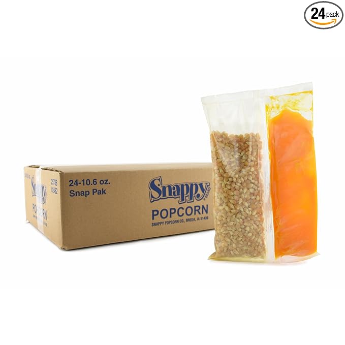 Snappy Snap-Paks All in One Popcorn Portion Packets for 8 oz Popping Machine, Kernels, Oil, and Salt, 24 Count