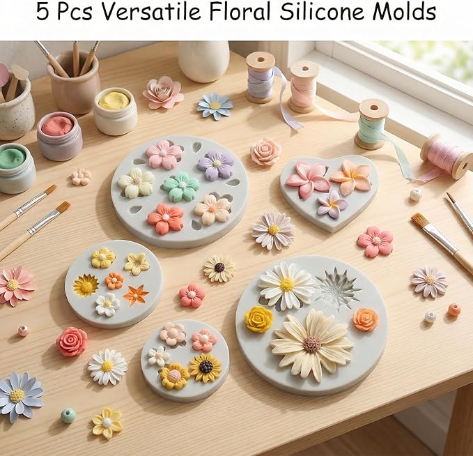 5 Pcs Flower Fondant Molds Flower Rose Daisy Silicone Chocolate Mold for Candy Fondant Polymer Clay Soap Ice Cube Crafting and Cake Cupcake Decoration
