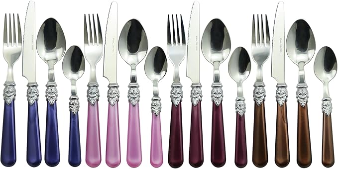 The Original Brink House Gala Mix & Match Stainless Steel Cutlery Set with High-Sheen Baroque Handles / 16 pieces with Metal Stand, Lifestyle utensils set for home, first apartment, dorm, dinner party