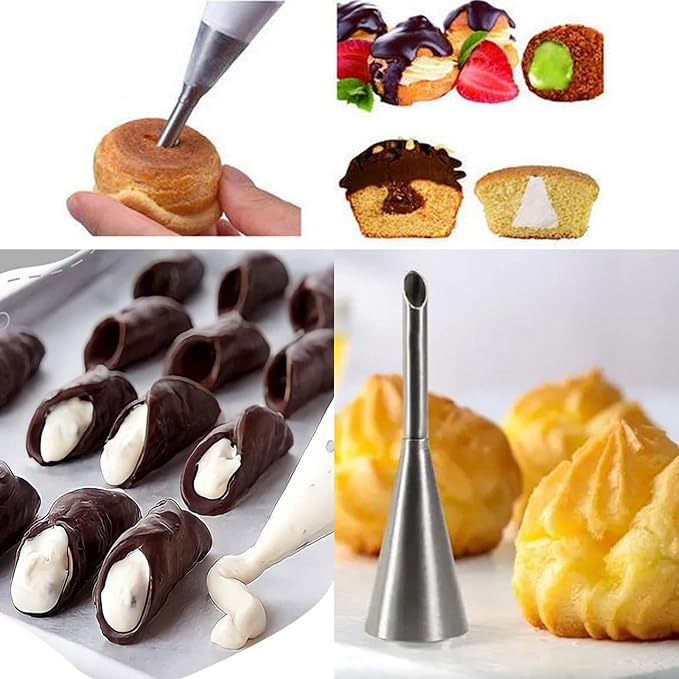 Joyeee 16 Pack Stainless Steel Cream Horn Molds Mini, With Piping Bags Reusable, Cream Icing Piping Nozzle Tip Long and Cleaning Nozzle Brush Baking Accessories Decorating Tool, 3.4 Inch