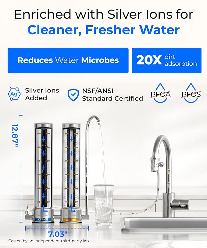 Waterdrop CTF-09 Dual-Stage Silver Ions Countertop Water Filter System, Reduce Chlorine, PFOA/PFOS, Bad Taste & Odor, Silver Ions Enhanced Filtration, Stainless Steel, 2 Filters