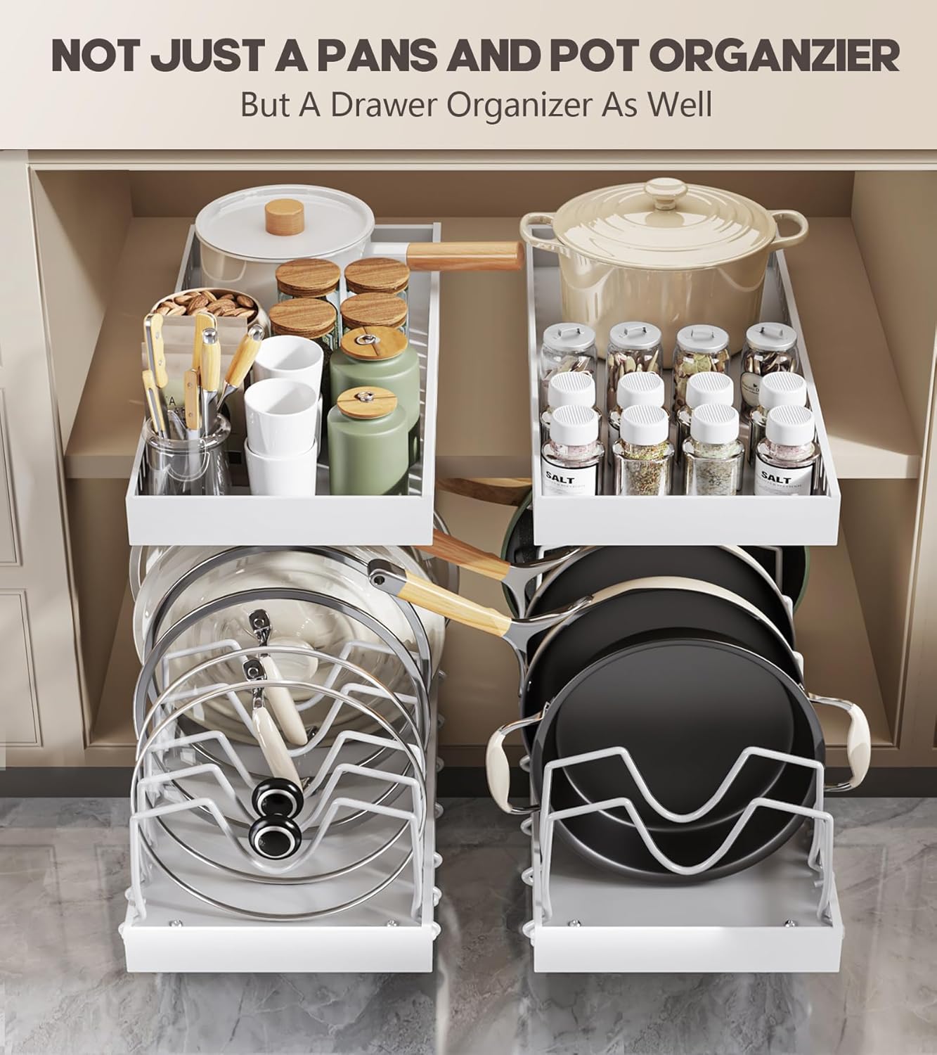 Pull Out Pots and Pans Organizer Under Cabinet, Sliding Lid Holder and Pan Rack in Kitchen, Slide Out inside Cabinet Storage for Pot Lid, Bakeware, Dishes, 6 Adjustable Dividers, 1 Pack White