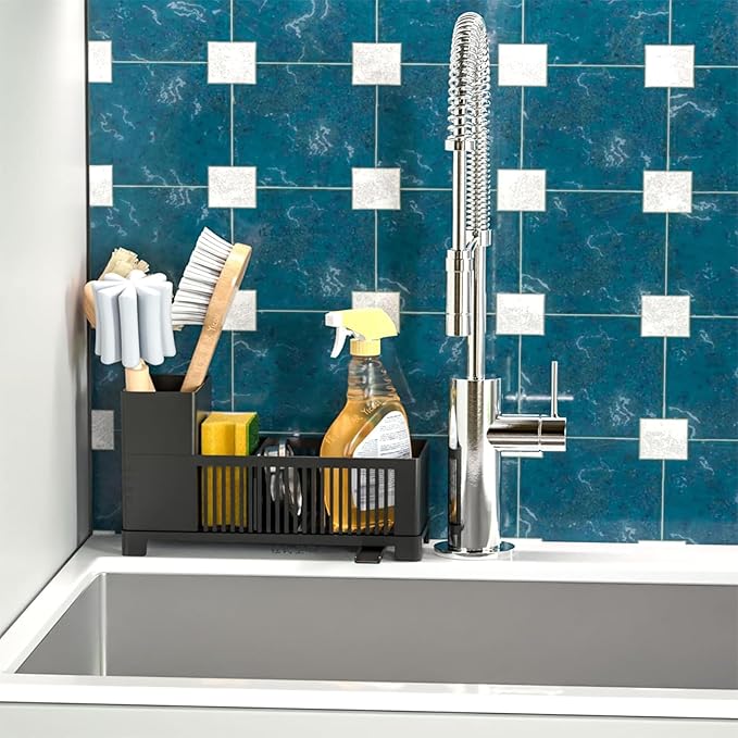 Sink Caddy & Kitchen Sink Organizer,Black Sponge Holder with High Scrub Brush Holder,Plastic Kitchen Countertop Organizer,Multifunctional Sponge Drain Rack,Dish Soap,Dish Sponge Holder,Soap Dispenser