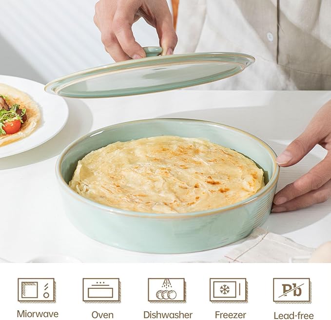 2 Pcs Tortilla Warmer, 9 inch Ceramic Tortilla Holder with Lids, Embossed Taco Holder Oven Microwave Safe, Green Pancakes Warmer for Taco, Pancakes, Waffles, Keep Tortillas Warm