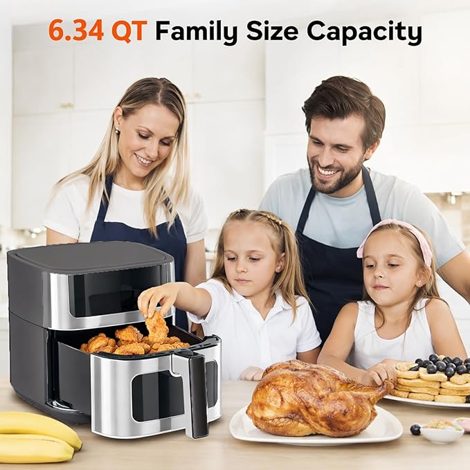 Simple Deluxe 8-in-1 Air Fryer 6.34 Qt, Digital Preset Airfryer with Visible Window, Nonstick and Dishwasher-Safe Basket, Air Fry, Chicken, Pizza, Dehydrate, Fries, 90-Min Timer, 1700W, Gray