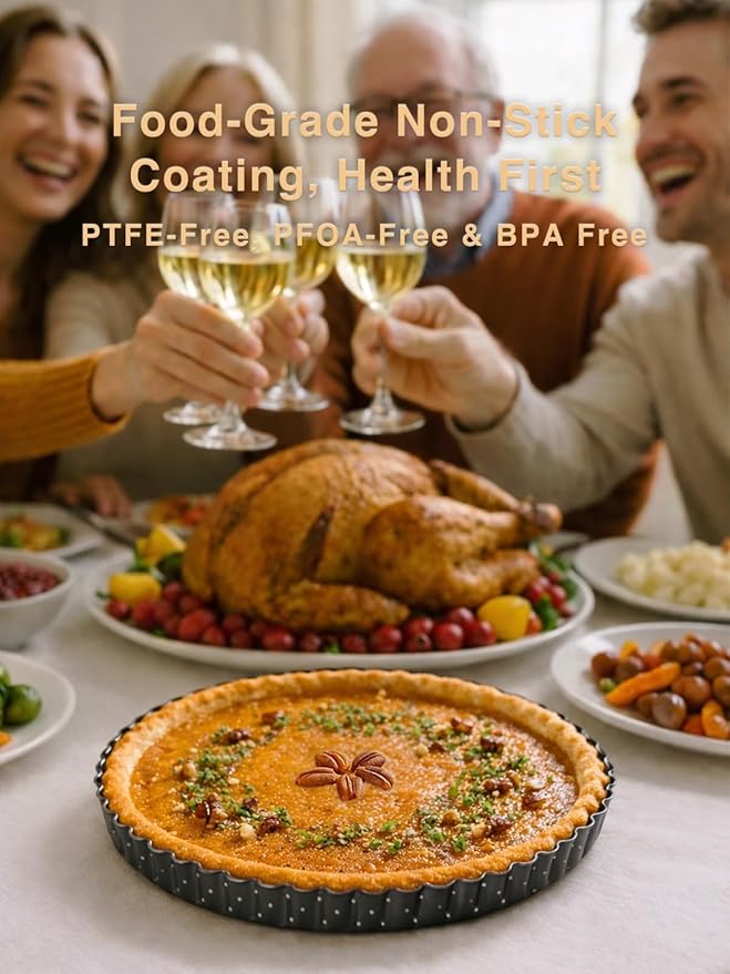 9 Inch Perforated Quiche Pan for Crispy Crust w/Cake Server. Removable Bottom, Non-Stick Coating, Rugged Carbon Steel Dish for Tart Quiche Pie Baking. Gift for Christmas Thanksgiving Party