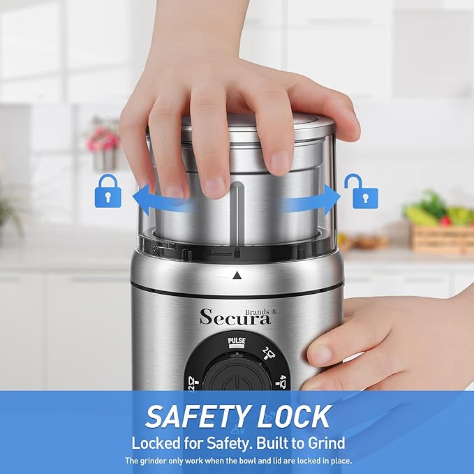 Secura Brands Electric Coffee Grinder for Coffee Beans, Spices, Herbs Adjustable Coarse to Fine Setting for 12 Cup Capacity with 1 Removable Stainless Steel Bowl, Ideal for Home Use, RV