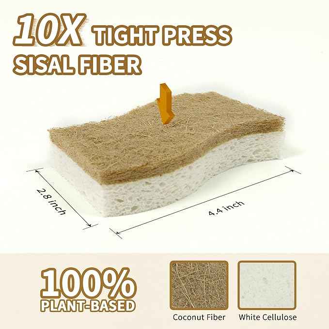 12 Pack Natural Kitchen Sponges, Biodegradable & Compostable | Non-Scratch Cellulose Coconut Fiber Sponges for Dishes, Pots & Pans | Eco-Friendly Cleaning Sponge