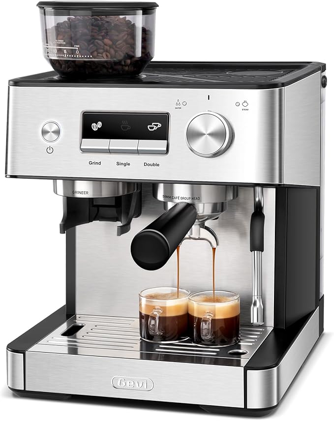 Gevi 20 Bar Espresso Machine with Built-in Grinder & Milk Frother | Professional Coffee Maker for Home | Cappuccino, Latte, 2.3L Removable Water Tank, Stainless Steel Steam Wand