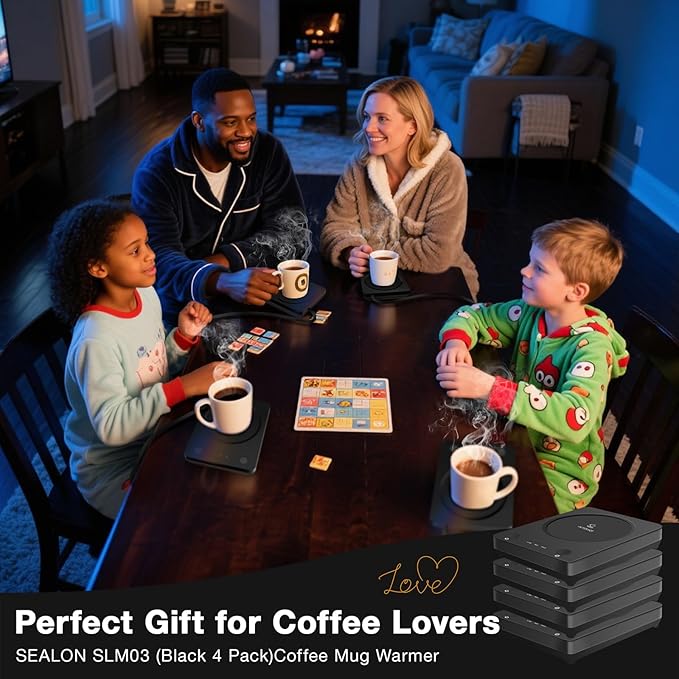 SEALON SLM03 Electric Coffee Mug Warmer (Black, 4 Pack) - 3-Temperature Desk Cup Warmer with Auto Shut-Off (4 Hours) for Heating Coffee, Tea, Milk & Beverages