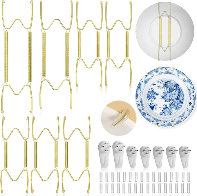 7 Pack Plate Hangers for Wall Display, 6/8/10/12 Inch Invisible Stainless Steel Plate Holders with Wall Hooks, Fit 5.5–12.5 Inch Decorative Plates, Plate Display Hangers for Home Wall Decor, Gold