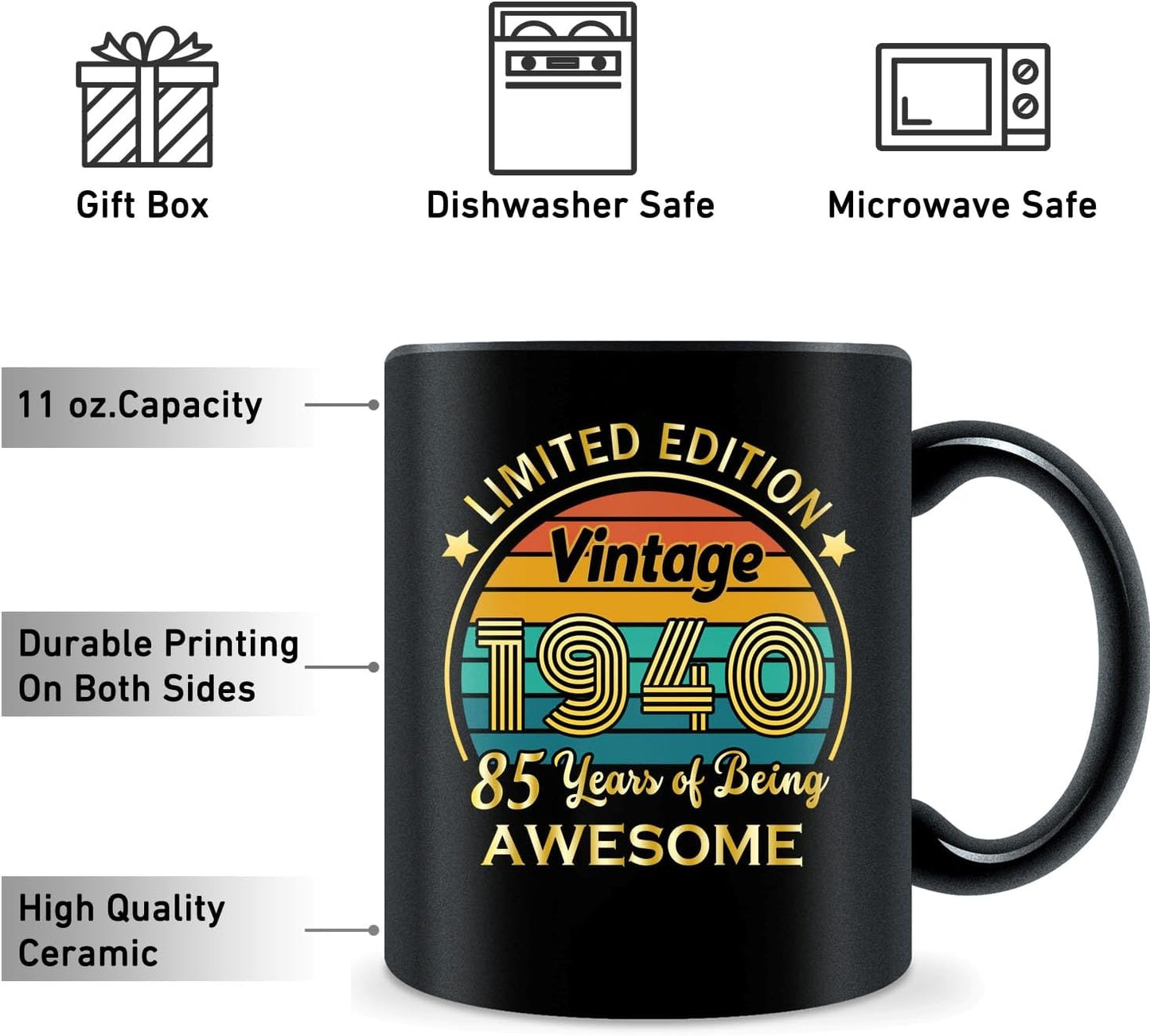 QUPT 85th Birthday Gifts for Women Men, 85th Birthday Gifts for Him, 1940 Birthday Gifts for Women Men, 85 Years Old Gifts, 1940 Birthday Gifts for Her Him, 85th Birthday Presents Coffee Mug