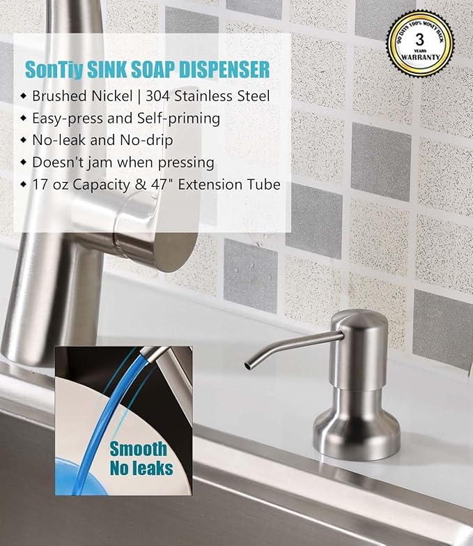 Soap Dispenser for Kitchen Sink, SonTiy Kitchen Dish Soap Dispenser Pump Brushed Stainless Steel Liquid Soap Dispenser with 47" No-Spill Extension Tube with Check Valve+17 OZ Bottle, Powerful Suction