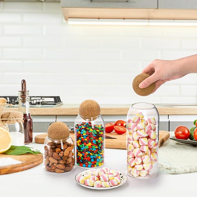 Suwimut 3 Pack Glass Storage Jar with Ball Cork Lid, Clear Glass Canisters with Cork Ball, Cute Decorative Round Glass Bottles with Airtight Wooden Lid for Spice, Sugar, Salt, Tea, Nuts, Coffee Beans