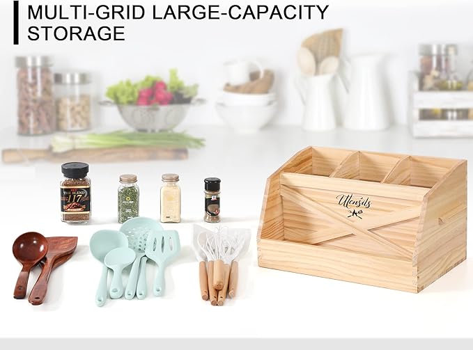 Innovation Kitchen Utensil Holder for Countertop with 4 Compartments, Wood Utensil Organizer for Cooking Tools(Utensil Not Included)