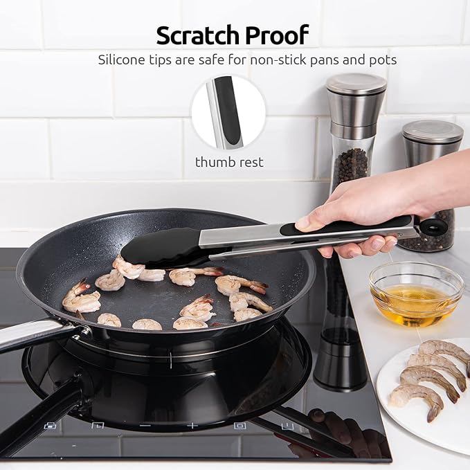 Heat Resistant Silicone Kitchen Tong: U-Taste 12 inch Large 480ºF Hot Proof Cooking Tong with Sturdy Non Stick Rubber Tips & Silicon Coated Steel Handle & Smooth Locking for Serving Grill Salad(Black)