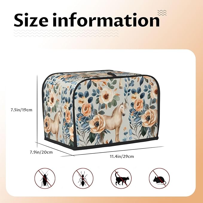 Beige Flower Horses Toaster Cover 2 Slice, Cute Rural Bread Machine Cover, Washable Dust-Proof Cover for Kitchen Small Appliance Cover,with Top Handle